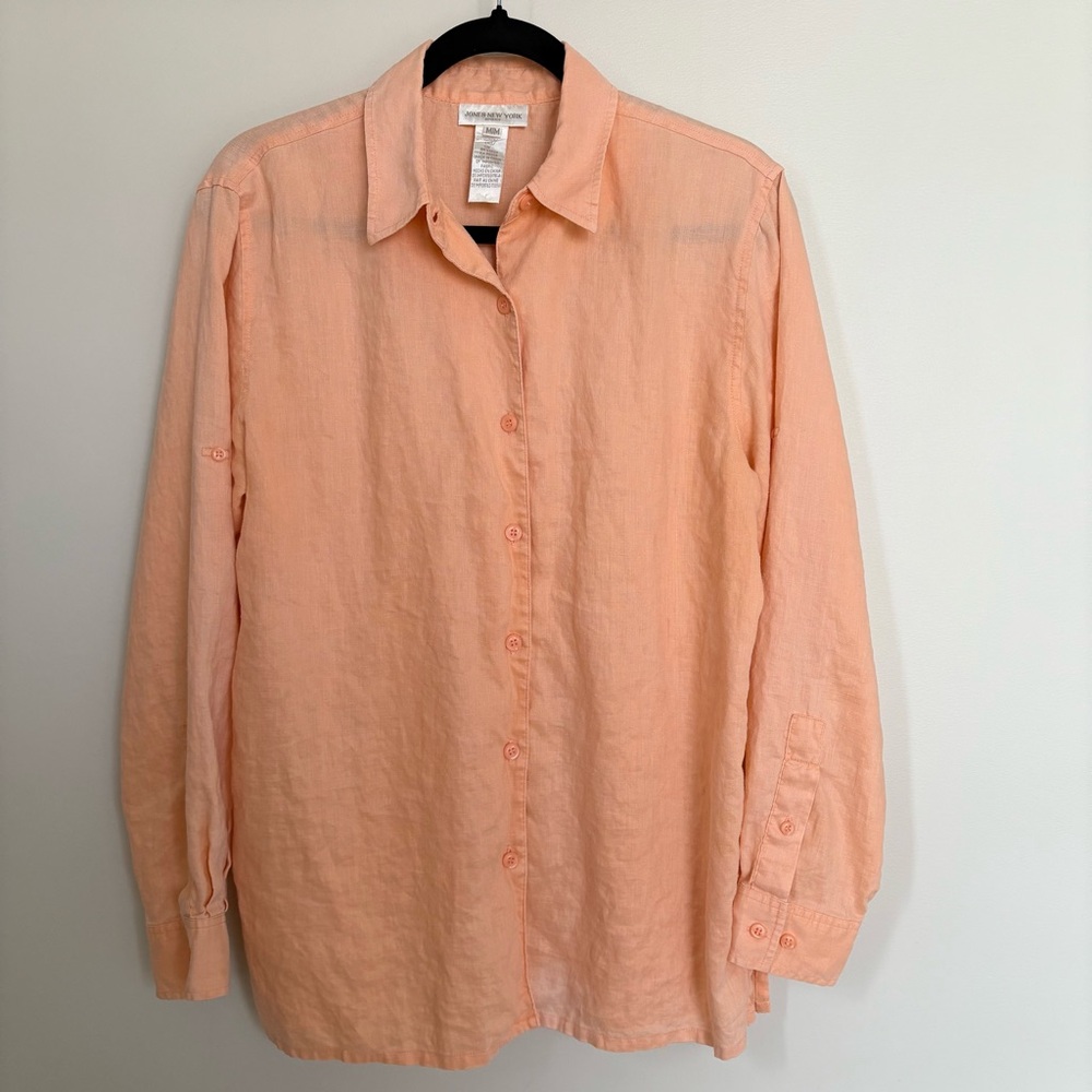 Jones New York Sport 100% Linen Button Down Shirt Peach Orange Medium